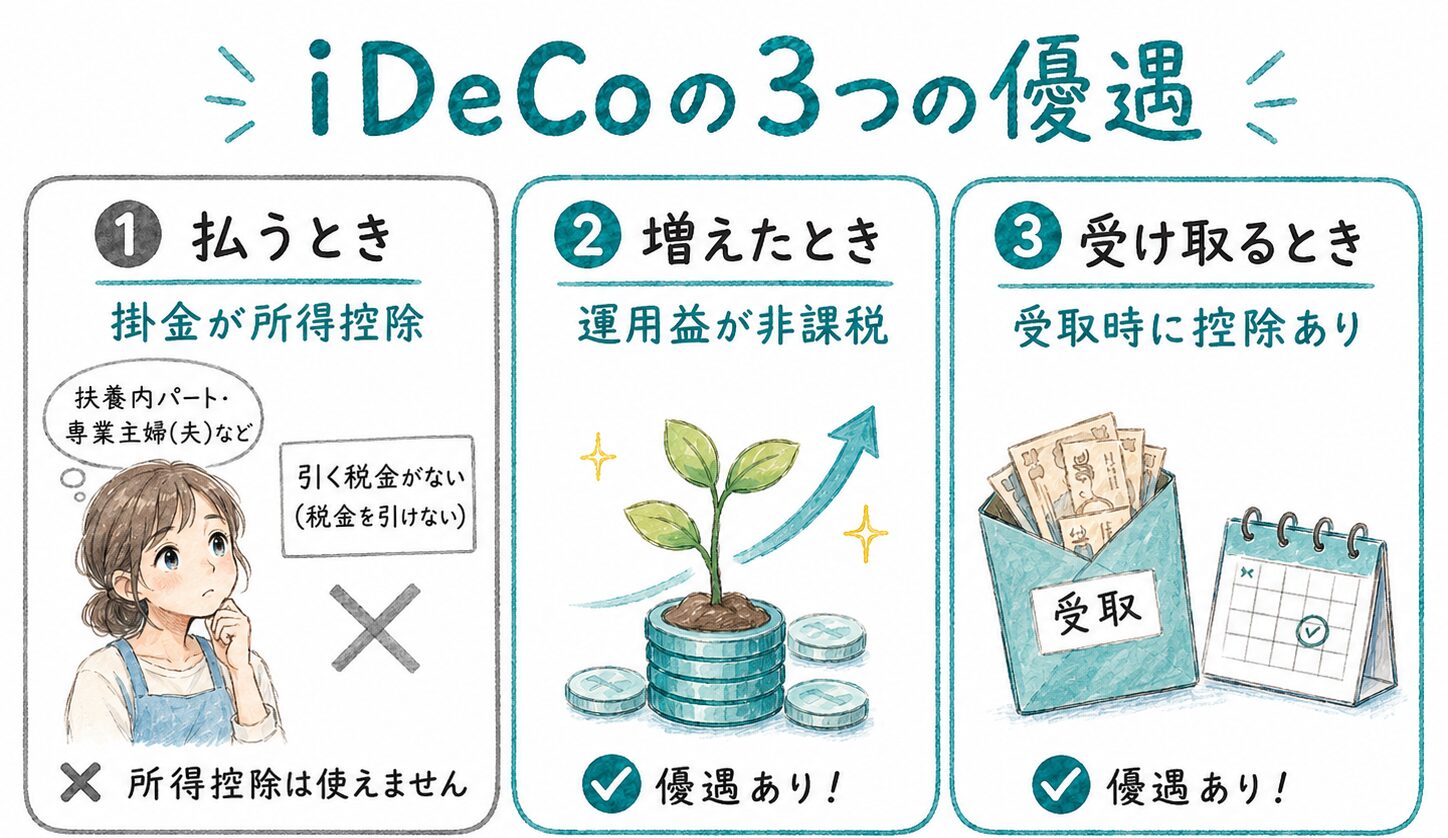 iDeCoの3つの優遇を示した図。1つ目の掛金の所得控除は、扶養内パートや専業主婦（夫）など引く税金がない人は使えず、2つ目は運用益が非課税、3つ目は受取時に控除があることを示している