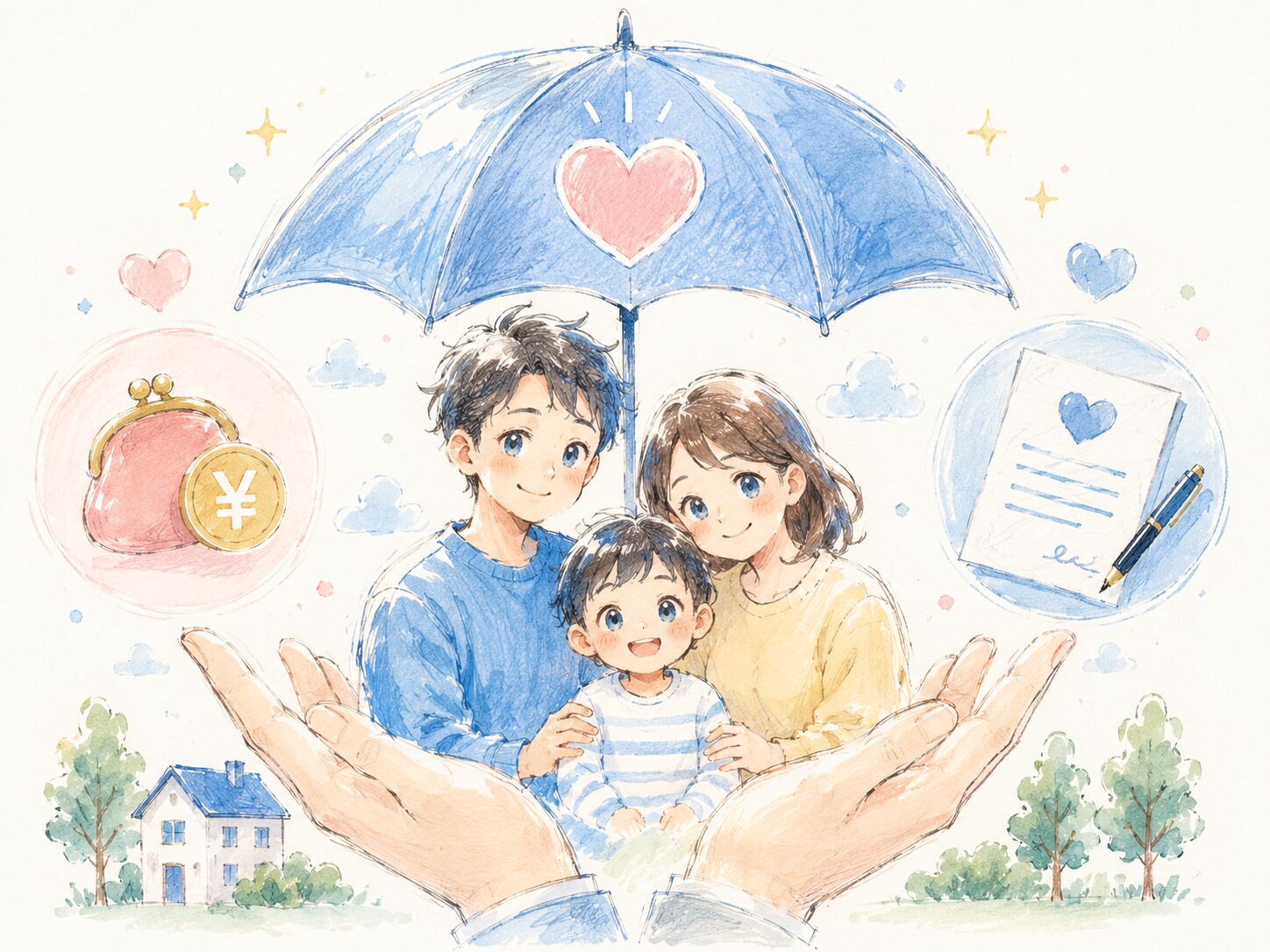 ハートの付いた青い傘の下に立つ若い家族（父、母、赤ちゃん）のイラスト。大きな手に守られ、浮いている小銭入れと保険証券の文書があります。生命保険による家族の保護を象徴しています。