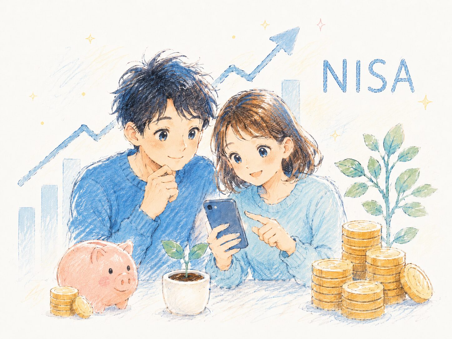 スマホを見ながらNISAでの資産形成について相談する若い夫婦のイラスト