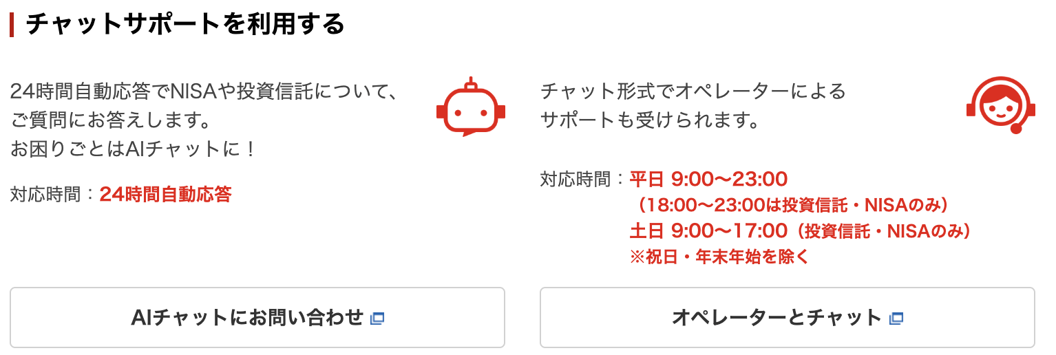 楽天証券のAIチャットとオペレーターチャットの対応時間