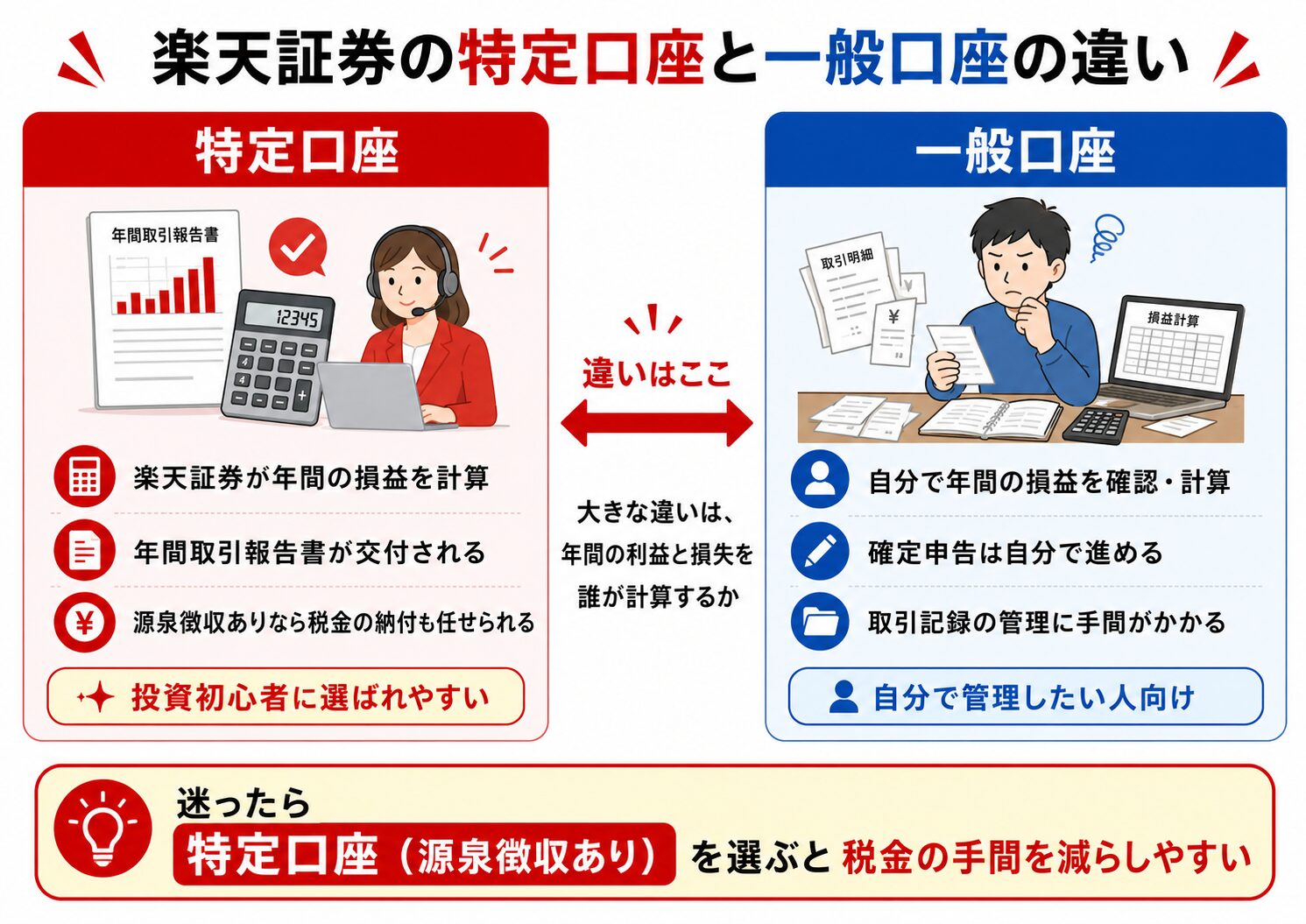 楽天証券の特定口座と一般口座の違いをまとめた比較イラスト