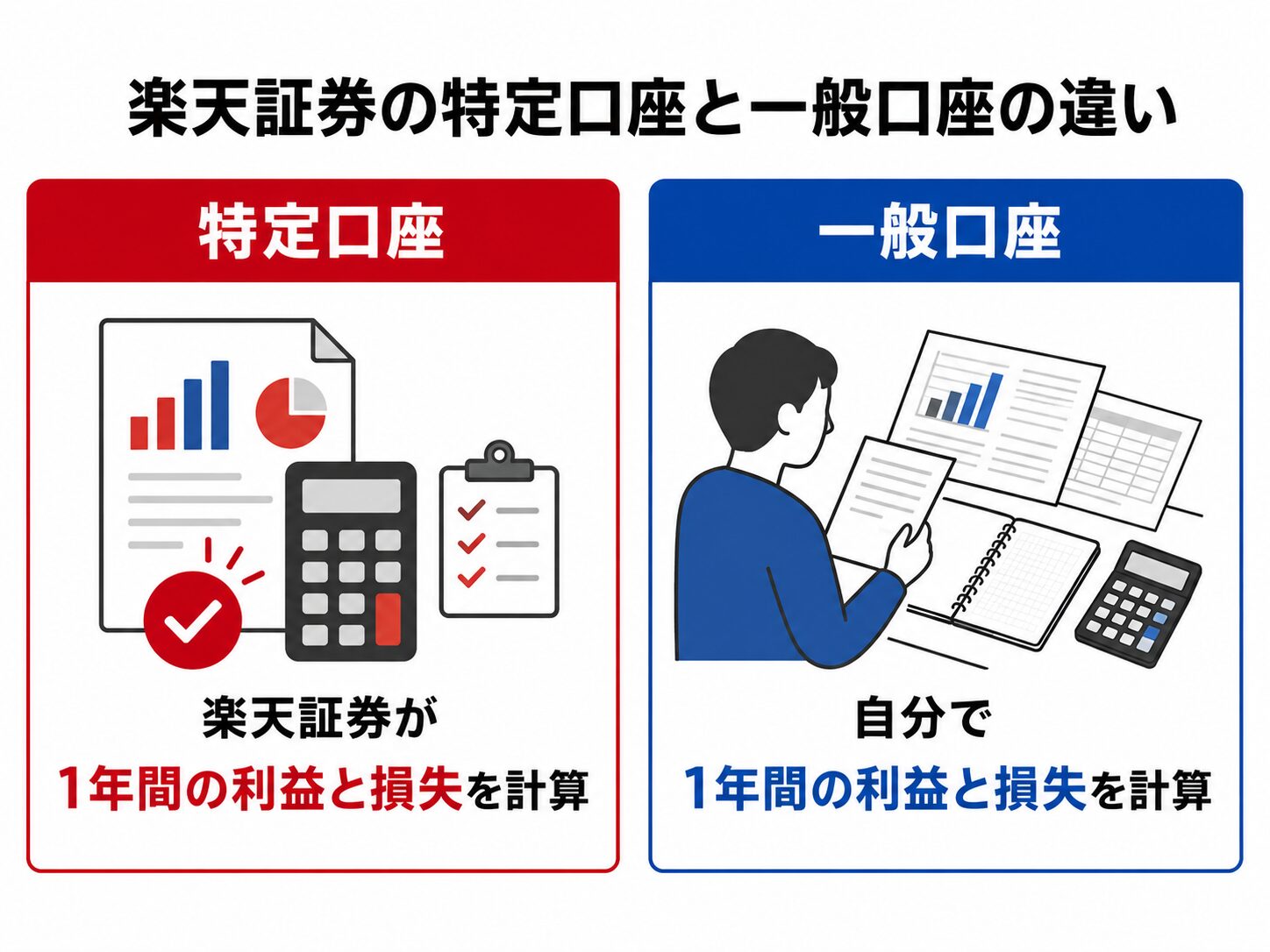 楽天証券の特定口座と一般口座で1年間の利益と損失を計算する人の違いを示した図