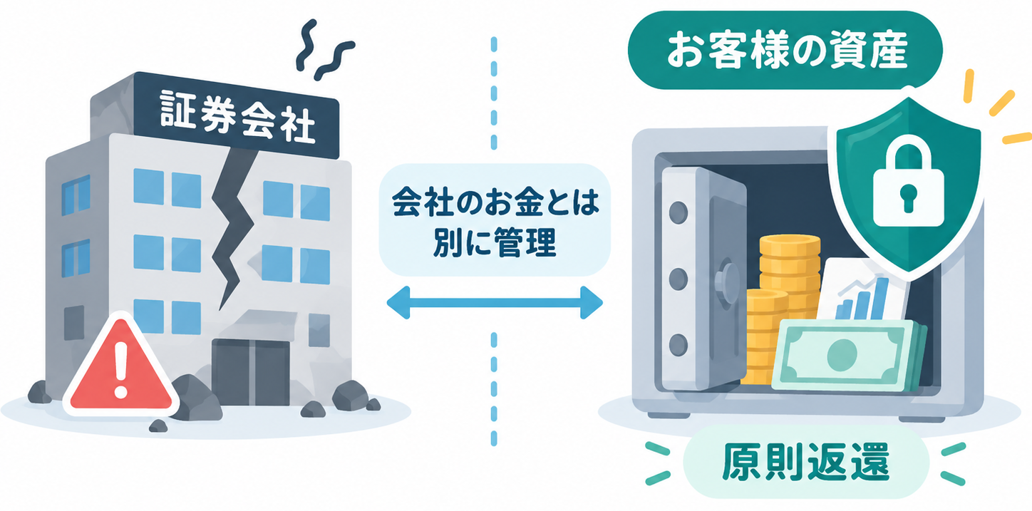 証券会社が倒産しても顧客資産は分別管理され原則返還されるイメージ